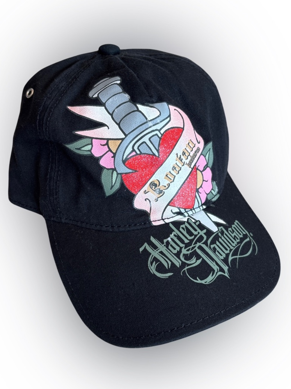 Harley-Davidson Black Cap with Red Heart and Pink Floral Tattoo Graphic